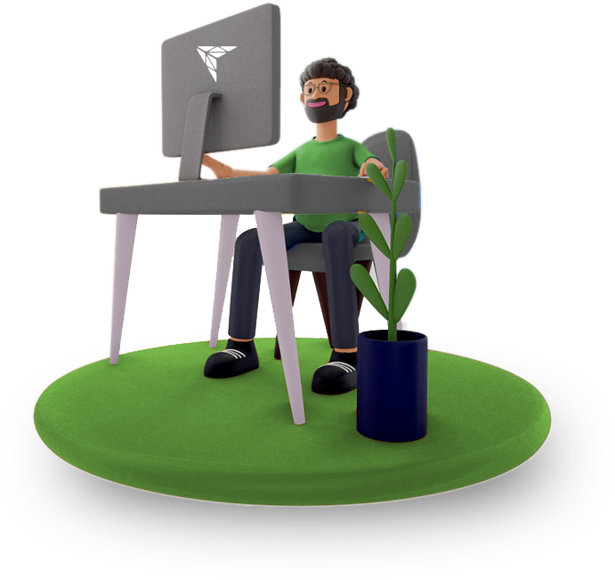 A man sitting at a desk with a computer and a plant, creating a productive and green workspace.